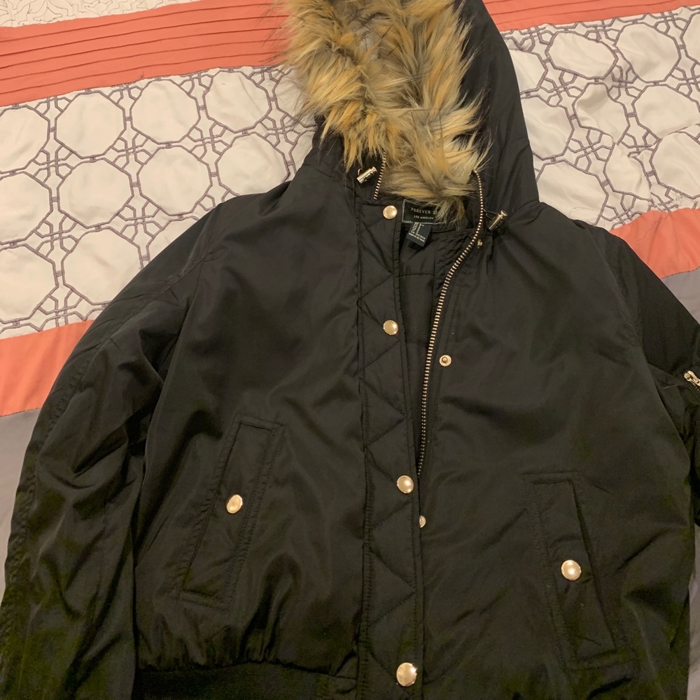 Forever 21 Black Jacket Faux Fur Hooded